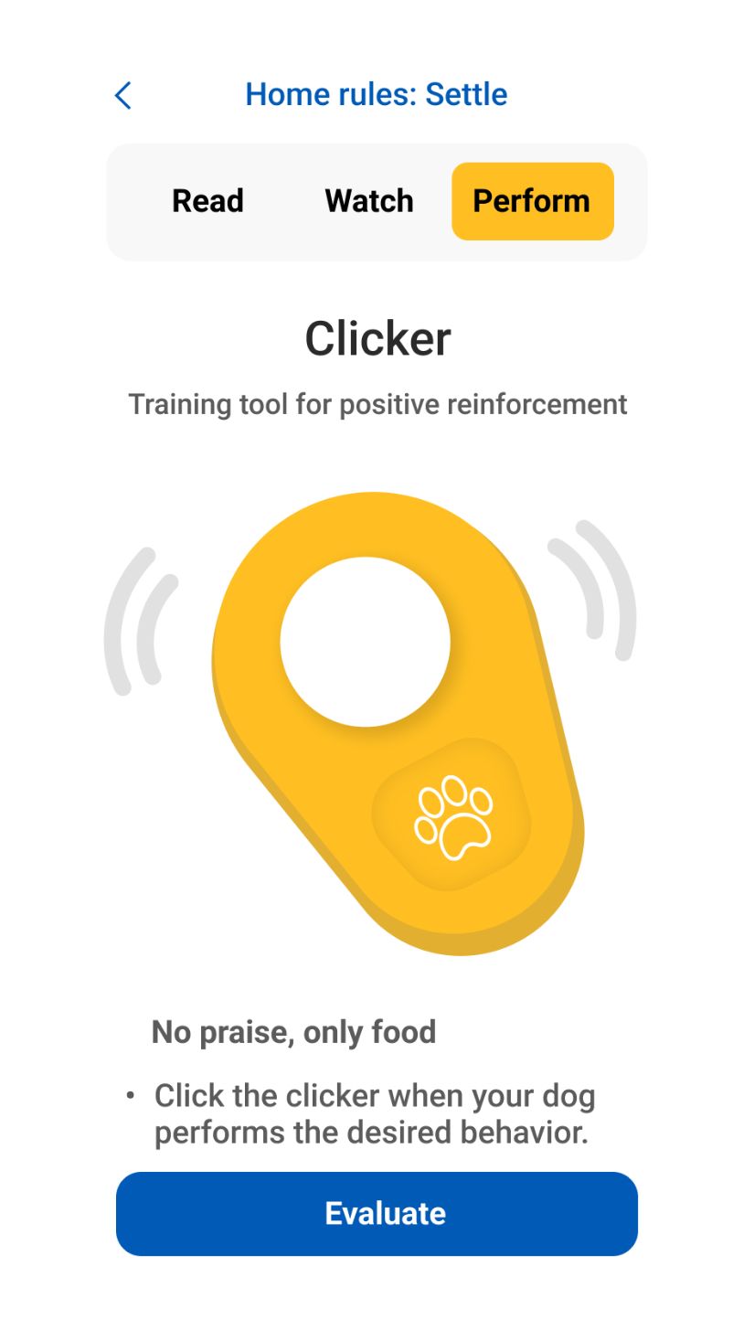 Training task screen — Read, Watch, Perform, Evaluate